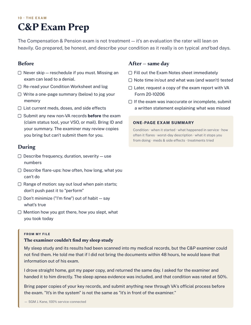 Kit page 18: C&P exam prep checklists for before, during, and after the exam, with a field note from SGM J. Kane.